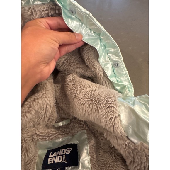 Lands' End Kid XL 14-16 Fleece Lined Puffer Parka Coat Long Mint Green Winter - Picture 11 of 13